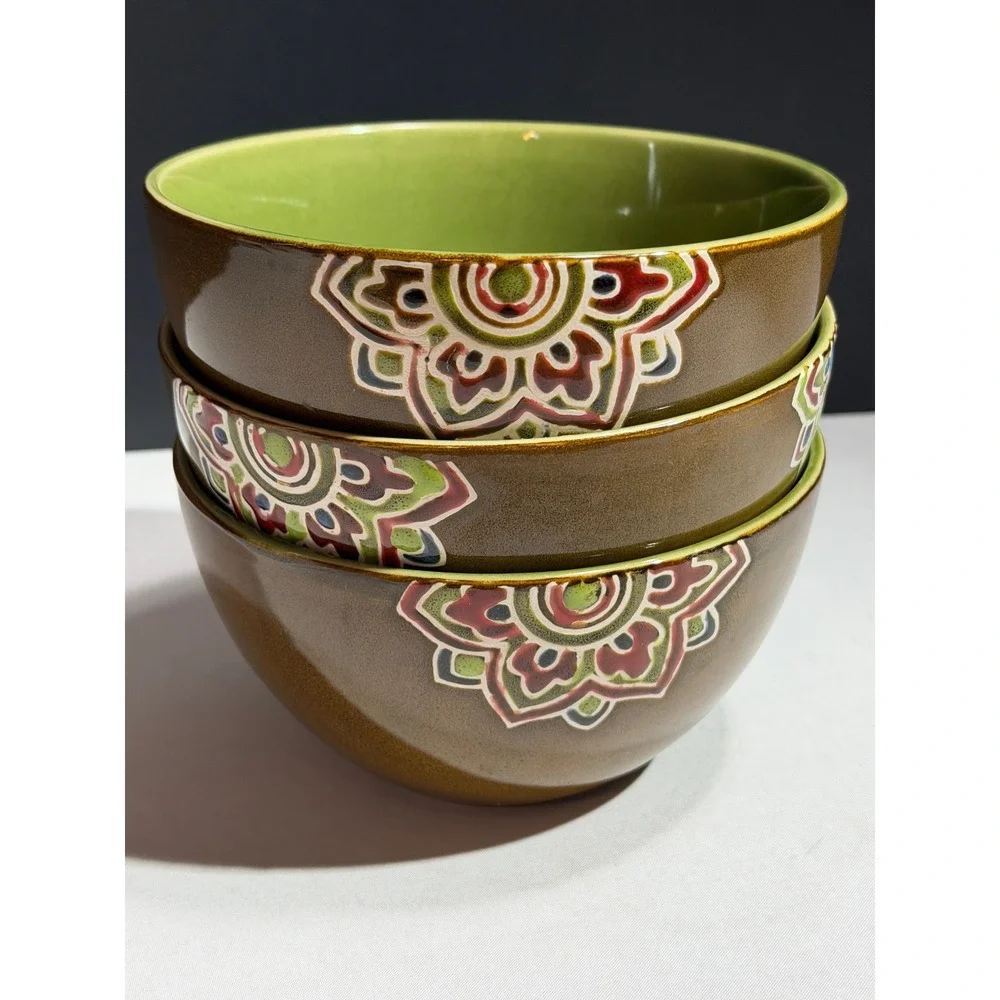 Pier 1 Imports Global Medallion Reactive Stoneware Cereal Bowls Set of 3 Green